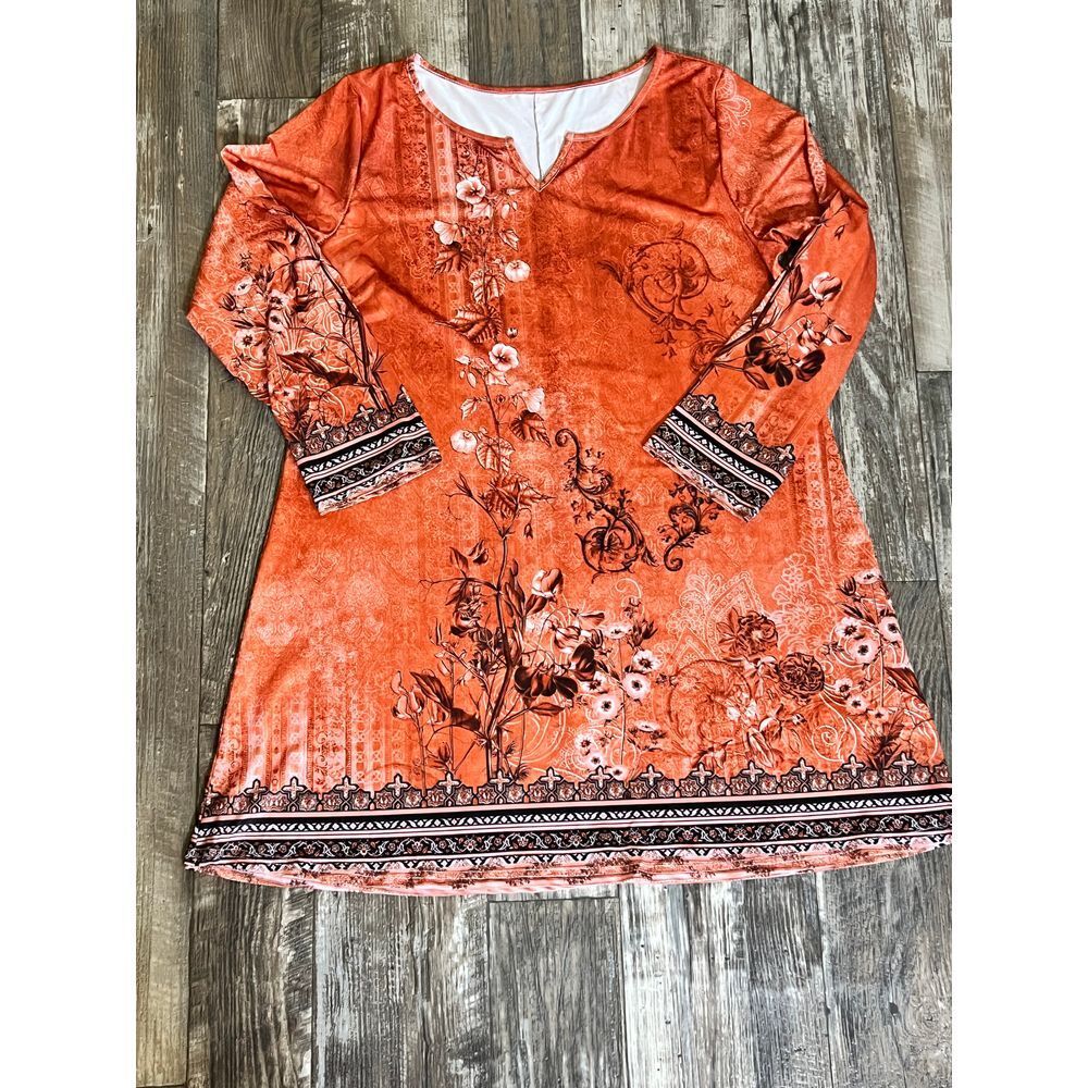 Coral Orange Floral Print‎ Short Sleeve Dress with Black Border Detail XXL